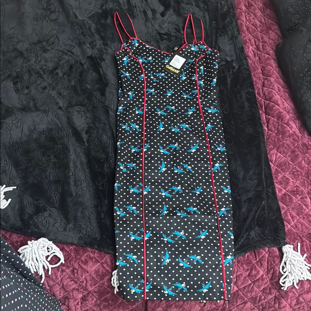 Rockabilly Black and Blue Swallow Polka Dot Wiggle Dress